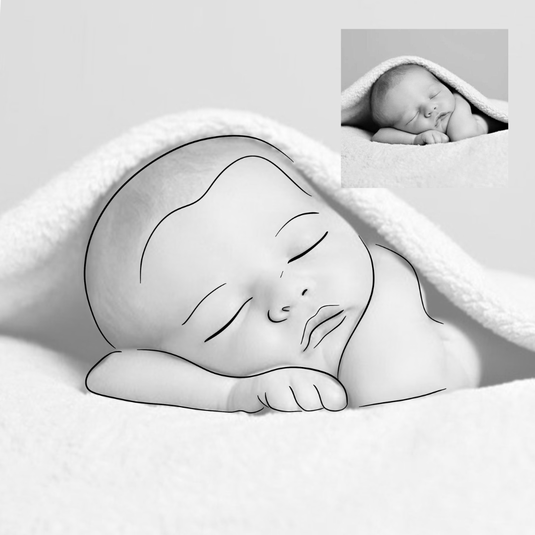 Custom single line drawing of a sleeping newborn baby traced from photo personalised baby portrait print, unique new mum or baby shower gift
