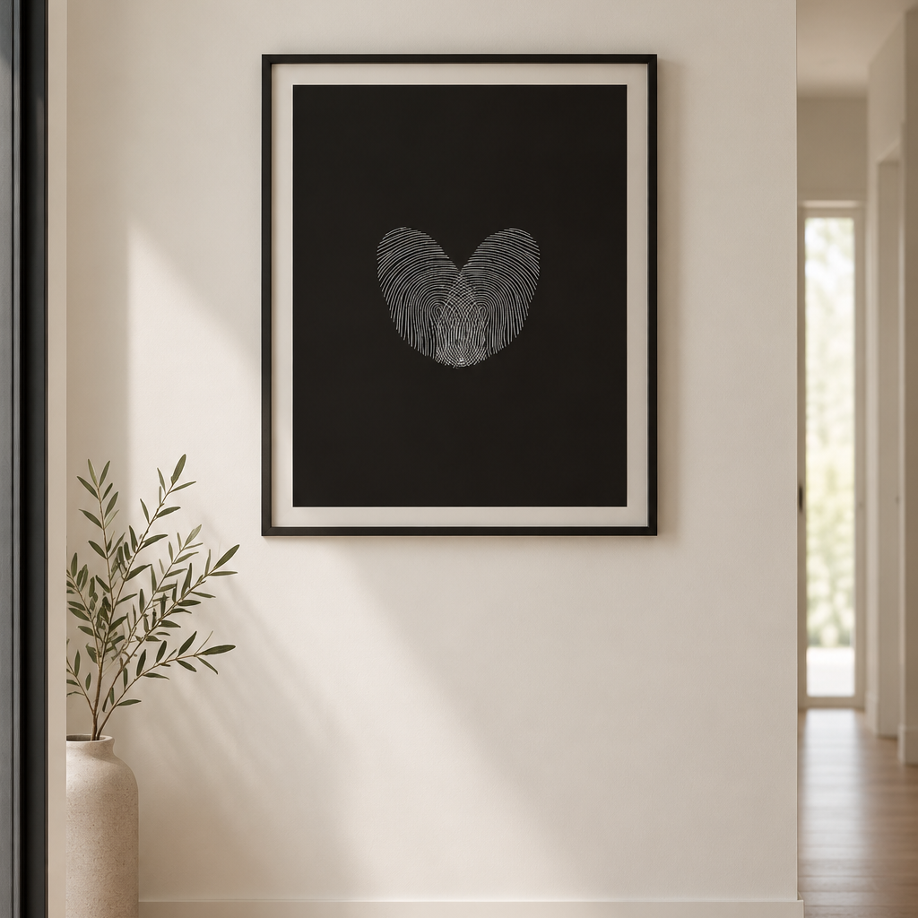 Custom two fingerprint wall artwork overlapped to form a heart.  The artwork is a white heart fingeerprint on a black wall art, in a thin black frame in the hallway of a luxurious home.  Atelier By DSGN artwork.