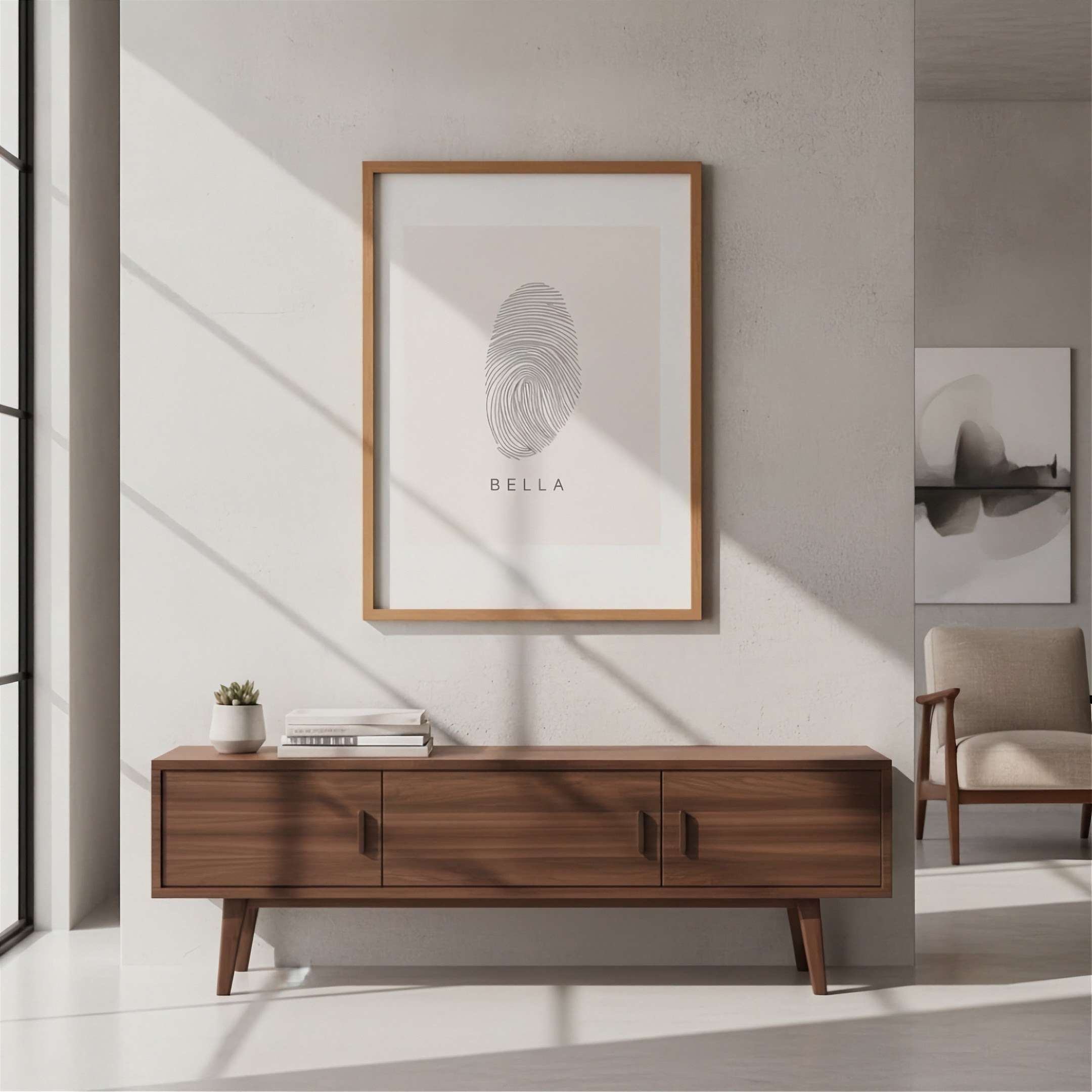 A framed minimalist art print featuring a single fingerprint design and the word 'BELLA' in a light wood frame, displayed on a wall above a mid-century modern wooden console table in a bright, modern living room.  Custom single fingerprint art from Atelier By DSGN.