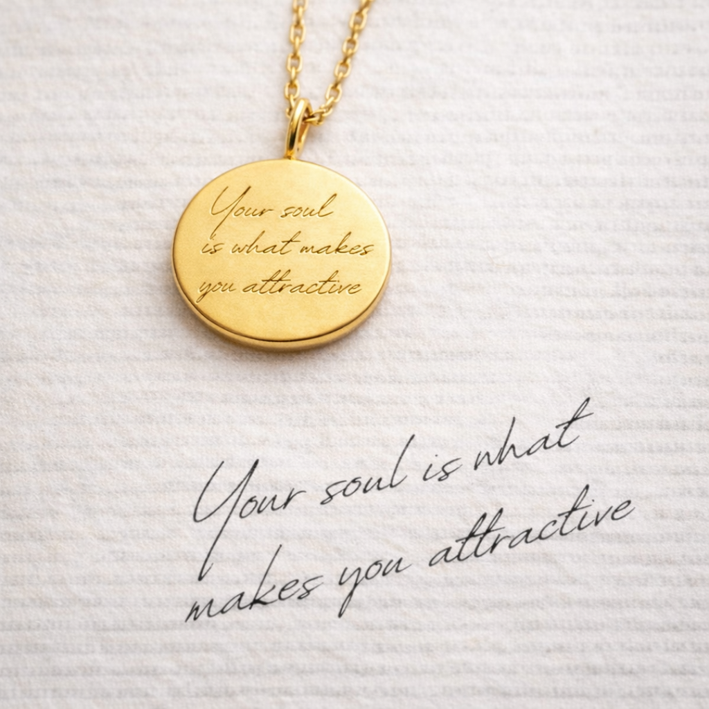 Custom engraved 18k gold vermeil 16mm coin pendant necklace displayed alongside original handwritten note showing personalised handwriting transfer process, message "your soul is what makes you attractive" faithfully diamond-head precision engraved on warm polished gold disc – Atelier By Dsgn luxury personalised handwriting jewellery unique gift for her, anniversary, birthday or meaningful sentimental keepsake necklace