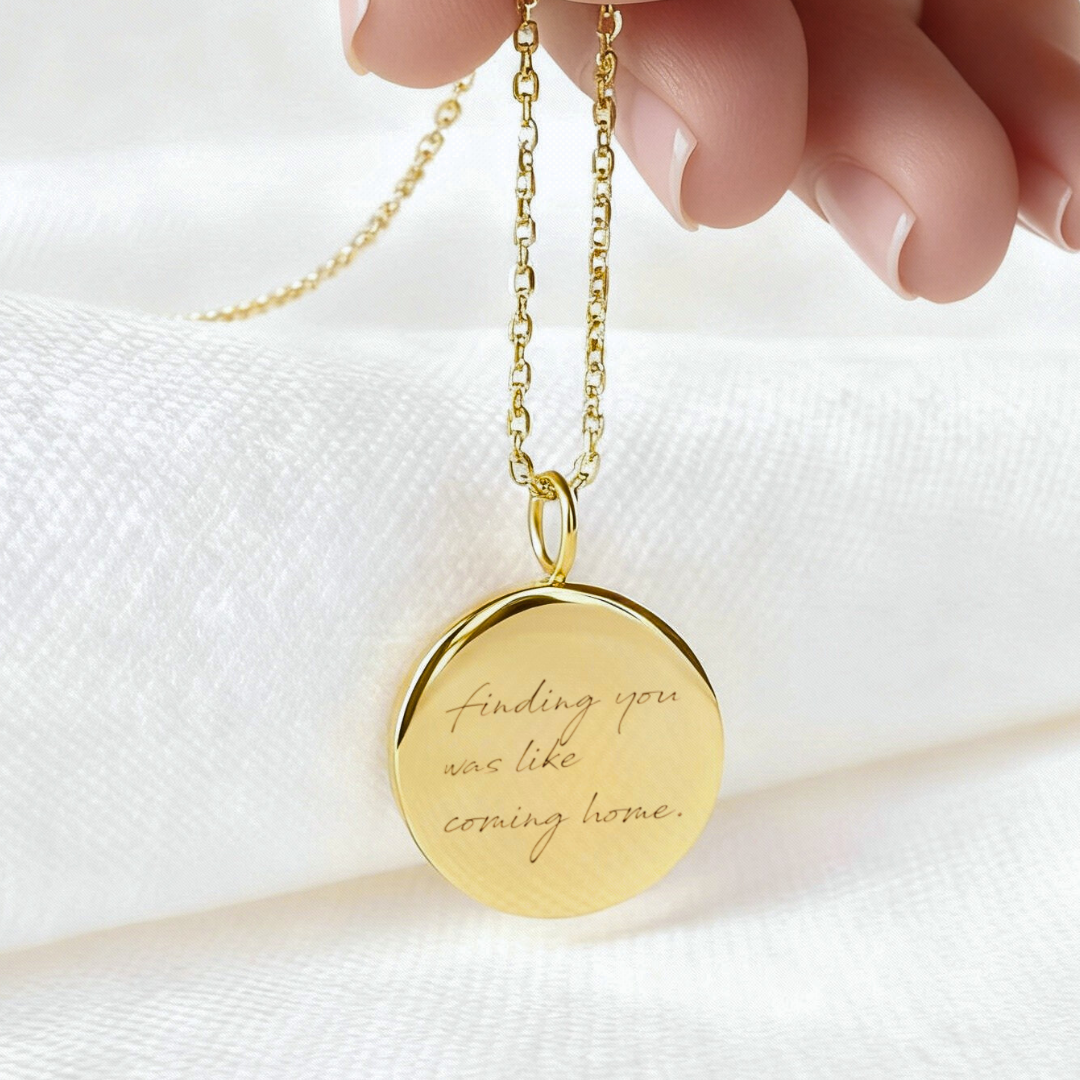 Custom engraved 18k gold vermeil 16mm coin pendant necklace on diamond-cut cable chain, featuring personalised handwriting "its you, always" precision diamond-head engraved on warm polished gold disc – Atelier By Dsgn luxury personalised handwriting jewellery gift for her, anniversary, valentines day, mothers day or meaningful heirloom keepsake necklace