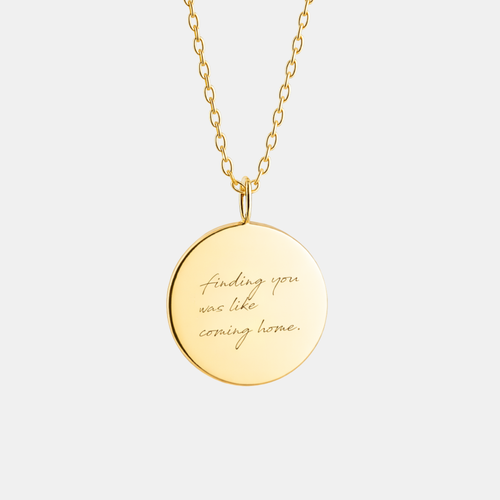 Custom engraved 18k gold vermeil 16mm coin pendant necklace on diamond-cut cable chain, featuring personalised handwriting "its you, always" precision diamond-head engraved on warm polished gold disc – Atelier By Dsgn luxury personalised handwriting jewellery gift for her, anniversary, valentines day, mothers day or meaningful heirloom keepsake necklace