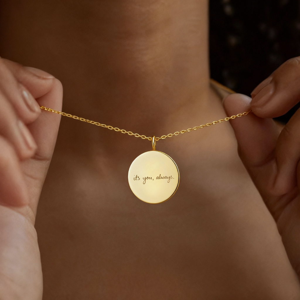 Custom engraved 18k gold vermeil 16mm coin pendant necklace worn on female model at collarbone in navy top, personalised handwritten message "its you, always" precision diamond-head engraved on warm lustrous gold disc suspended on fine gold curb chain – Atelier By Dsgn luxury personalised handwriting jewellery everyday wear gift for her, anniversary, birthday or meaningful sentimental keepsake necklace