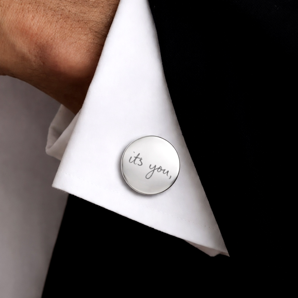 Close-up of custom engraved 925 sterling silver handwriting cufflink worn on white dress shirt cuff, personalised handwritten message "its you," precision engraved – Atelier By Dsgn personalised mens jewellery gift for wedding, groom or anniversary