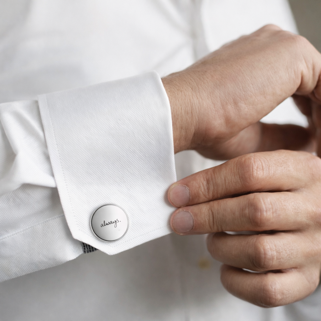 Groom fastening custom engraved 925 sterling silver handwriting cufflink on white dress shirt cuff, personalised handwritten word "always" precision engraved on polished round face – Atelier By Dsgn personalised wedding gift for groom, groomsmen or father of the bride keepsake jewellery