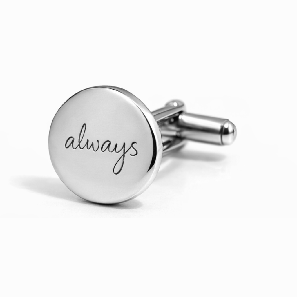 Single close-up detail shot of polished 925 sterling silver round cufflink with personalised handwriting "always" diamond-head precision engraved on mirror-finish face – Atelier By Dsgn custom engraved mens jewellery gift for wedding, anniversary or meaningful keepsake