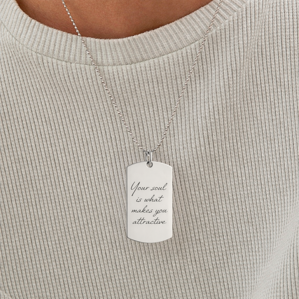 Custom engraved 925 sterling silver handwriting dog tag necklace worn on model, bead chain - Atelier By Dsgn