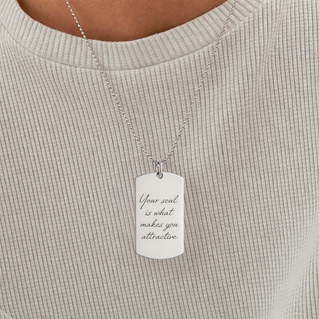 Custom engraved 925 sterling silver handwriting dog tag necklace worn on model, bead chain - Atelier By Dsgn