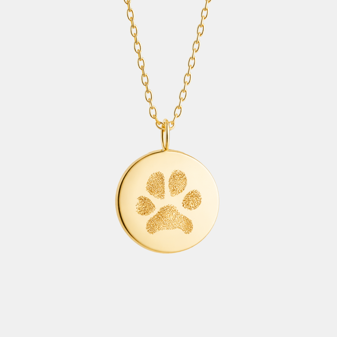 Front-facing detail shot of custom engraved 18k gold vermeil 16mm coin pendant necklace on diamond-cut cable chain, showcasing intricate personalised pet paw print texture faithfully precision diamond-head engraved on warm high-polish gold disc – Atelier By Dsgn personalised paw print jewellery unique gift for pet lovers, dog mum, cat mum, new pet adoption or beloved pet memorial keepsake necklace