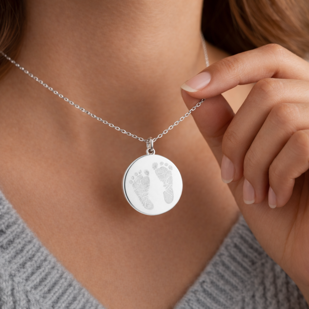 Female model in grey knit holding custom engraved 925 sterling silver double newborn baby footprint coin pendant necklace at neckline, personalised pair of baby footprints with intricate toe and sole detail precision diamond-head engraved on polished round disc on delicate diamond-cut cable chain – Atelier By Dsgn custom footprint pendant jewellery heartfelt gift for new mum, mothers day, baby shower, birth announcement or cherished newborn keepsake necklace