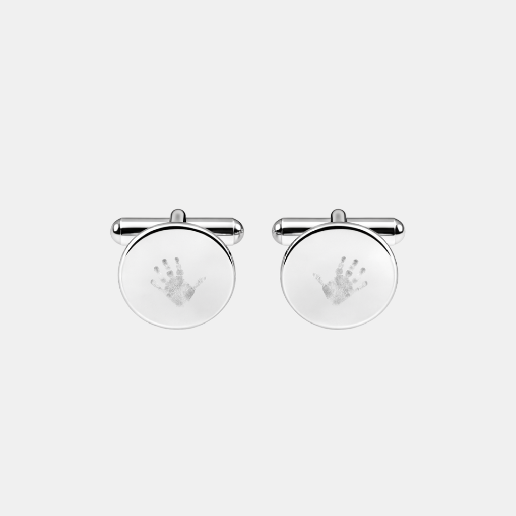 Pair of custom engraved 925 sterling silver round cufflinks featuring personalised baby handprint with intricate finger and palm detail precision diamond-head engraved on polished silver face – Atelier By Dsgn custom handprint cufflinks deeply personal gift for new dad, fathers day, wedding day, groomsmen, new baby arrival or treasured family keepsake mens jewellery