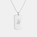 Custom engraved 925 sterling silver unisex dog tag necklace on 61cm bead chain, featuring a personalised baby handprint with intricate finger detail precision diamond-head engraved on polished silver tag – Atelier By Dsgn custom handprint jewellery meaningful gift for new dad, new mum, fathers day, mothers day, new baby arrival, child memorial or treasured family keepsake necklace