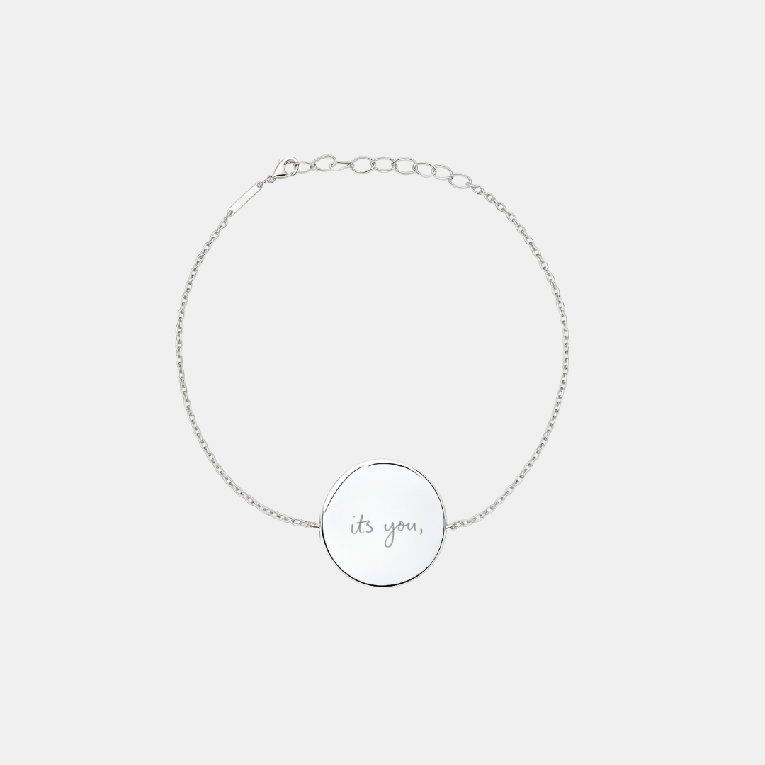 Custom engraved 925 sterling silver adjustable coin bracelet, featuring personalised handwritten message "its you," faithfully precision diamond-head engraved on polished round disc on delicate diamond-cut cable chain – Atelier By Dsgn custom handwriting coin bracelet meaningful gift for her, anniversary, valentines day, birthday or cherished sentimental keepsake bracelet