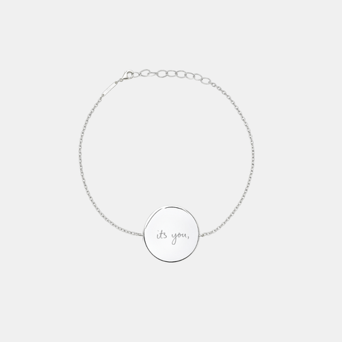 Custom engraved 925 sterling silver adjustable coin bracelet, featuring personalised handwritten message "its you," faithfully precision diamond-head engraved on polished round disc on delicate diamond-cut cable chain – Atelier By Dsgn custom handwriting coin bracelet meaningful gift for her, anniversary, valentines day, birthday or cherished sentimental keepsake bracelet