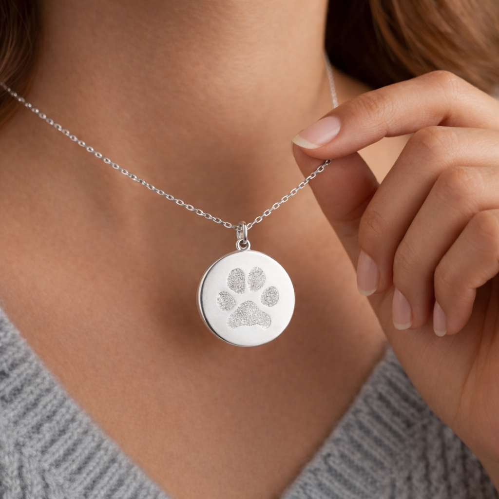 Female model in grey knit holding custom engraved 925 sterling silver paw print coin pendant necklace at neckline, personalised pet paw print with intricate toe and pad texture precision diamond-head engraved on polished round disc on delicate diamond-cut cable chain – Atelier By Dsgn custom paw print pendant jewellery everyday wear gift for dog lovers, cat lovers, pet mum, pet memorial or rainbow bridge remembrance keepsake necklace