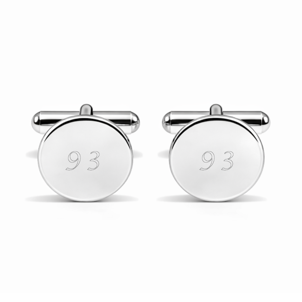 Pair of custom engraved 925 sterling silver round cufflinks featuring personalised number "93" precision diamond-head engraved on polished silver face – Atelier By Dsgn personalised text cufflinks meaningful gift for groom, wedding day, fathers day, birthday milestone or custom date and number keepsake mens jewellery