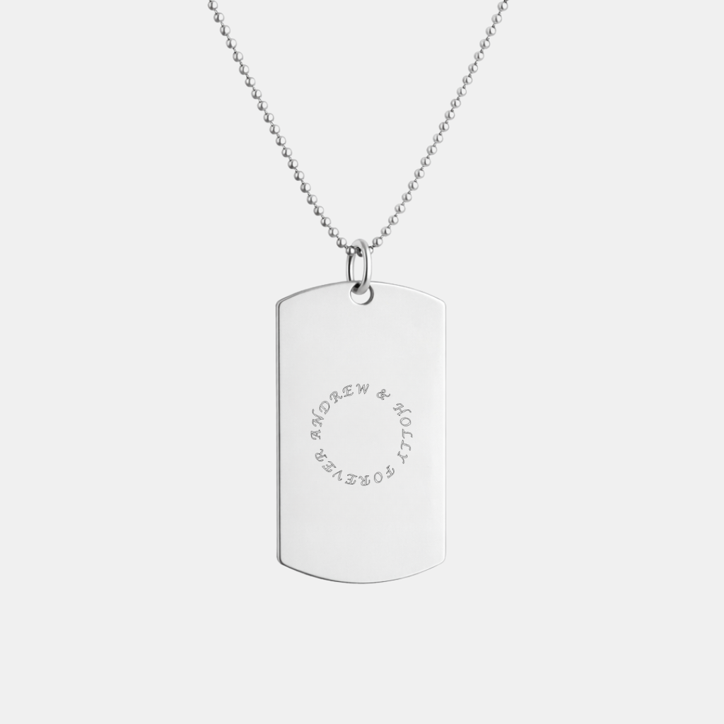 Custom engraved 925 sterling silver unisex dog tag necklace on 61cm bead chain, featuring personalised circular text "Andrew & Holly Forever" precision diamond-head engraved in circular pattern on polished silver tag – Atelier By Dsgn personalised text dog tag necklace meaningful gift for couples, anniversary, wedding, valentines day, birthday or custom name date and coordinates keepsake necklace