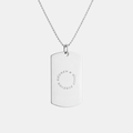 Custom engraved 925 sterling silver unisex dog tag necklace on 61cm bead chain, featuring personalised circular text "Andrew & Holly Forever" precision diamond-head engraved in circular pattern on polished silver tag – Atelier By Dsgn personalised text dog tag necklace meaningful gift for couples, anniversary, wedding, valentines day, birthday or custom name date and coordinates keepsake necklace