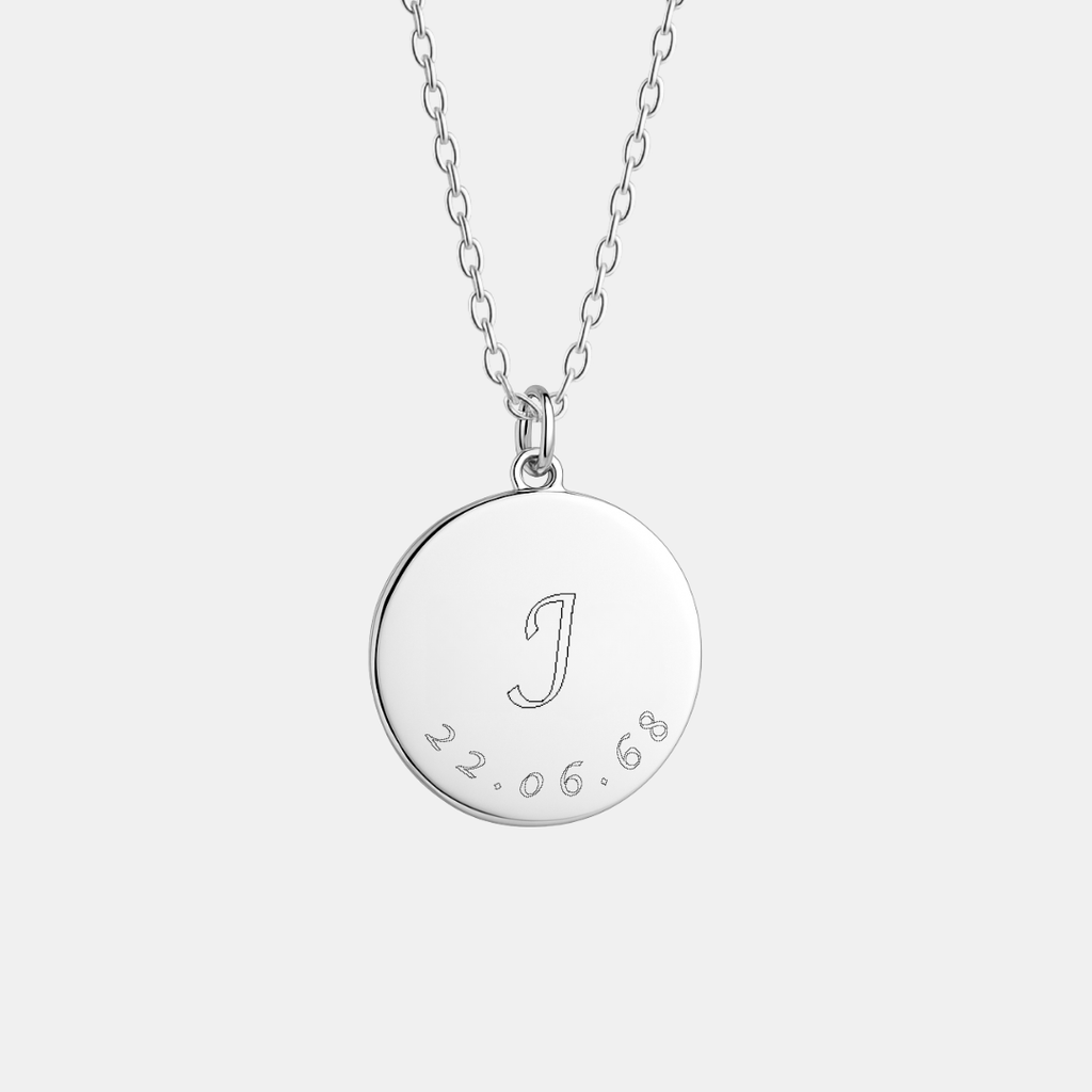 Custom engraved 925 sterling silver 16mm coin pendant necklace on diamond-cut cable chain, featuring personalised initial "J" with significant date "22.06.68" precision diamond-head engraved on polished round disc – Atelier By Dsgn personalised text pendant necklace meaningful gift for her, birthday milestone, mothers day, anniversary, graduation or custom initial date and name keepsake necklace