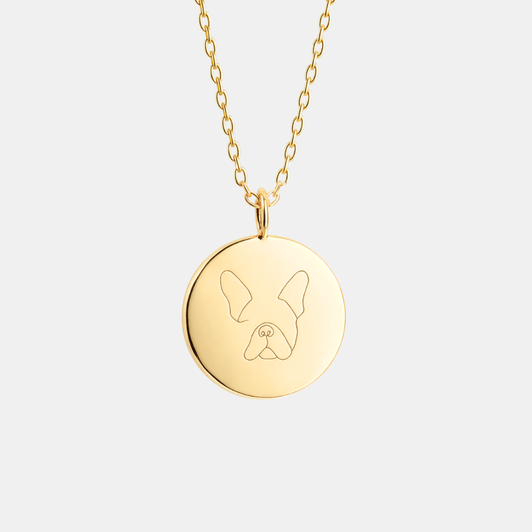 Custom engraved 18k gold vermeil 16mm coin pendant necklace on diamond-cut cable chain, featuring a personalised single-line minimalist French Bulldog face portrait with signature bat ears precision diamond-head engraved on warm high-polish gold disc – Atelier By Dsgn luxury custom pet portrait jewellery gift for dog lovers, French Bulldog mum, dog dad, pet memorial, rainbow bridge remembrance or new puppy celebration keepsake necklace