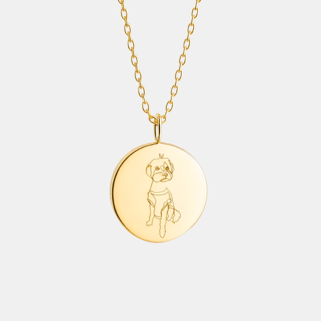 Custom engraved 18k gold vermeil 16mm coin pendant necklace on diamond-cut cable chain, featuring a personalised single-line minimalist full body small dog portrait precision diamond-head engraved on warm high-polish gold disc – Atelier By Dsgn luxury custom pet portrait jewellery gift for dog lovers, dog mum, dog dad, pet memorial, rainbow bridge remembrance or gotcha day celebration keepsake necklace