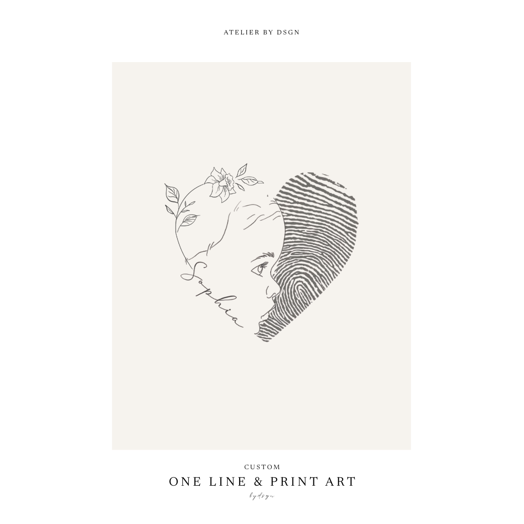 Custom single line drawing baby portrait digitally fused with real fingerprint in stunning heart shape with delicate floral detail, personalised with name "Sophia" -Atelier By Dsgn single line drawing with fingerprint artwork, unique personalised digital art perfect for wall art, memorial keepsake, anniversary or meaningful gift