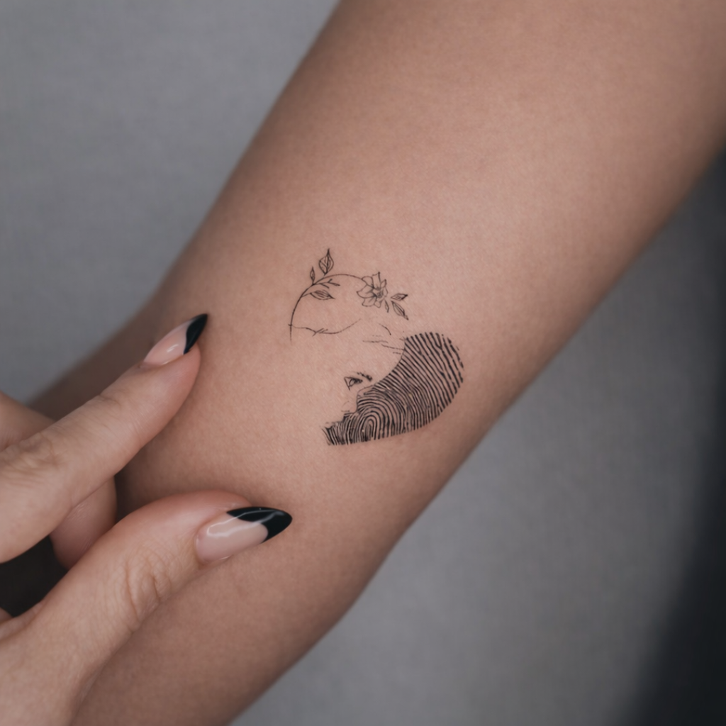 Single line drawing with fingerprint artwork used as tattoo inspiration on female forearm, showing minimalist portrait fused with real fingerprint and delicate floral detail, Atelier By Dsgn personalised single line drawing fingerprint digital art perfect for tattoo reference, memorial keepsake, wall art or meaningful personalised gift