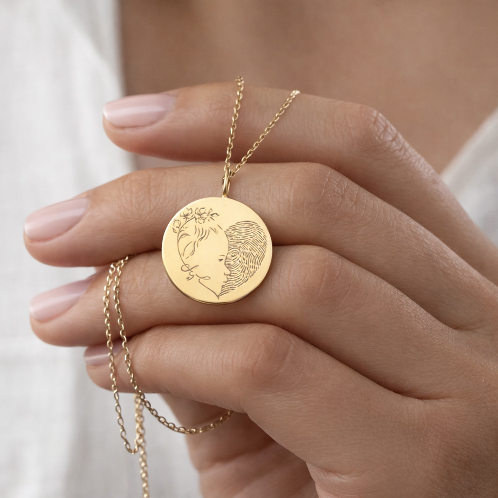 Close-up of custom engraved 18k gold vermeil 16mm coin pendant necklace held in female hand with nude nails, showcasing personalised single-line minimalist female side profile portrait with delicate floral detail uniquely fused with actual fingerprint texture precision diamond-head engraved on warm lustrous gold disc – Atelier By Dsgn luxury custom fingerprint portrait jewellery deeply personal gift for her, mothers day, anniversary, valentines day or cherished memorial heirloom necklace