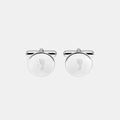 Pair of custom engraved 925 sterling silver round cufflinks featuring personalised single-line minimalist baby side profile portrait uniquely fused with actual baby footprint texture precision diamond-head engraved on polished silver face – Atelier By Dsgn custom fingerprint footprint cufflinks deeply personal gift for new dad, fathers day, wedding day, groomsmen, birth keepsake or treasured newborn family heirloom mens jewellery