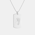 Custom engraved 925 sterling silver dog tag necklace on 61cm bead chain, featuring a personalised single-line minimalist baby side profile portrait uniquely combined with actual baby footprint texture precision diamond-head engraved on polished silver tag – Atelier By Dsgn custom fingerprint footprint jewellery deeply personal gift for new dad, new mum, fathers day, mothers day, birth keepsake or cherished newborn memorial heirloom necklace