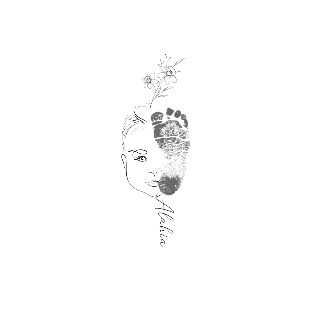 Custom single line drawing baby portrait digitally fused with real baby footprint and delicate floral detail, personalised with name "Alexia" Atelier By Dsgn single line drawing with footprint artwork, personalised baby keepsake digital art perfect for nursery wall art, memory book or meaningful new baby gift