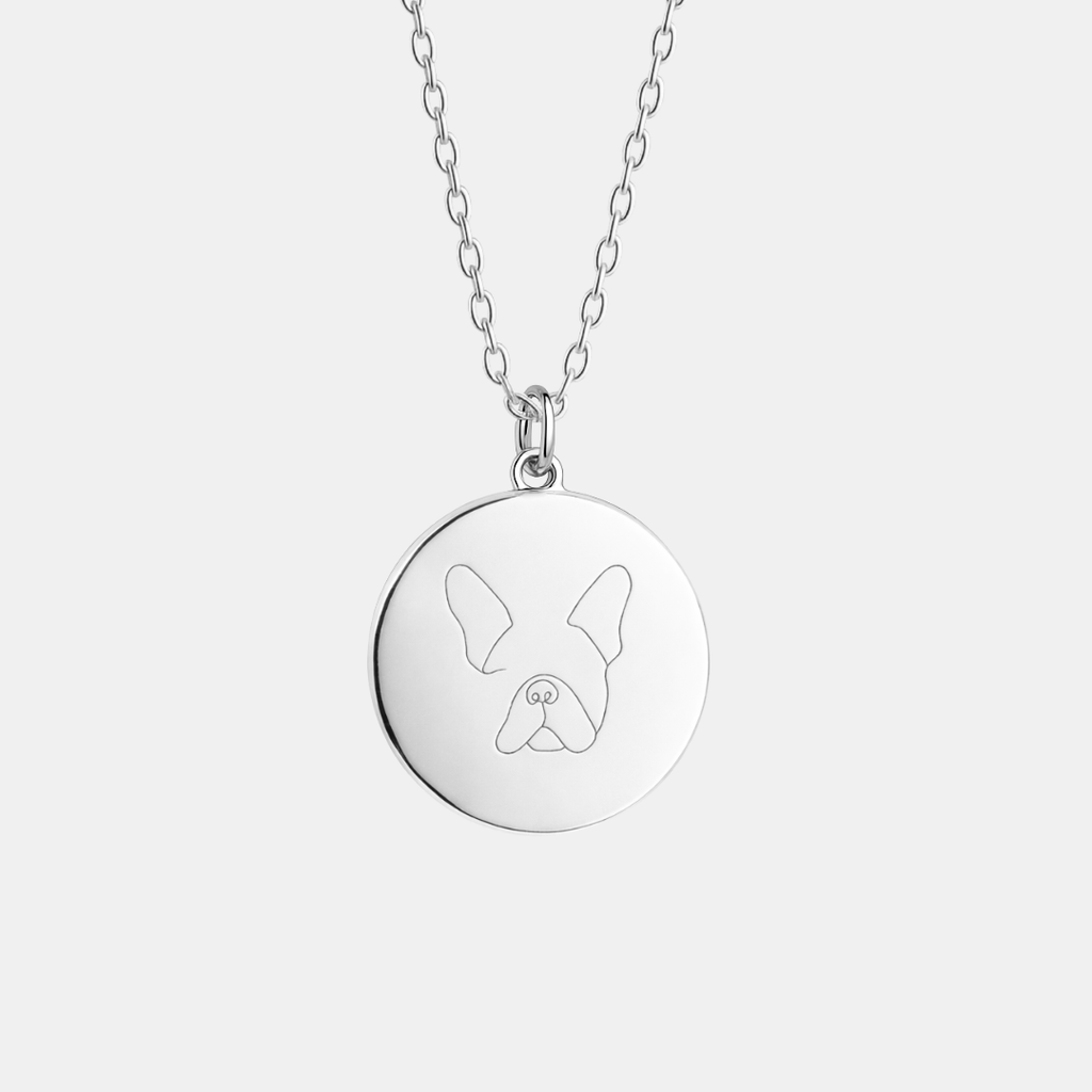 Custom engraved 925 sterling silver 16mm coin pendant necklace on diamond-cut cable chain, featuring a personalised single-line minimalist French Bulldog face portrait precision diamond-head engraved on polished round disc - Atelier By Dsgn custom pet portrait jewellery gift for dog lovers, French Bulldog mum, dog dad, pet memorial, rainbow bridge remembrance or new puppy celebration keepsake necklace