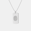 Atelier 925 sterling silver dog tag pendant with custom diamond-engraved single fingerprint design, displayed hanging on adjustable bead chain