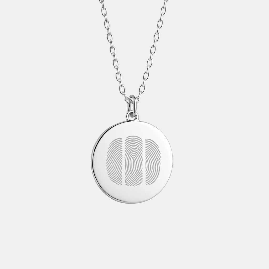 Atelier Three Fingerprint Pendant Necklace in 925 Sterling Silver featuring three detailed fingerprint engravings on a polished 16mm coin pendant, a luxury keepsake symbolizing family, love, and lasting connection.