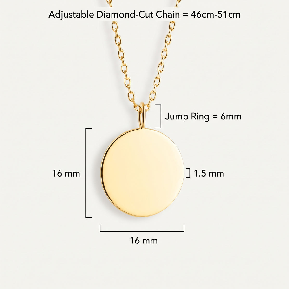 Custom 18k gold vermeil coin pendant necklace with dimensions.  Coin 16mm x 16mm, jump ring 6mm, depth 1.5mm with an adjustable diamond cut chain 46cm-51 cm.  Luxury Atelier By DSGN luxury jewelry.