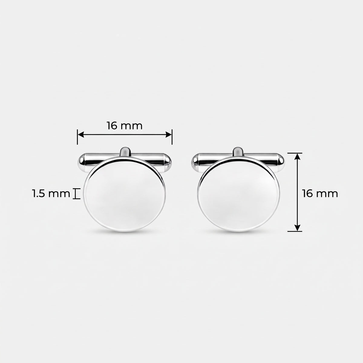 Two 925 sterling silver round cufflinks shown on a light gray background with product dimension labels indicating 16 mm width, 16 mm height, and 1.5 mm thickness.  Meaningful engraved jewelry from Atelier By DSGN.