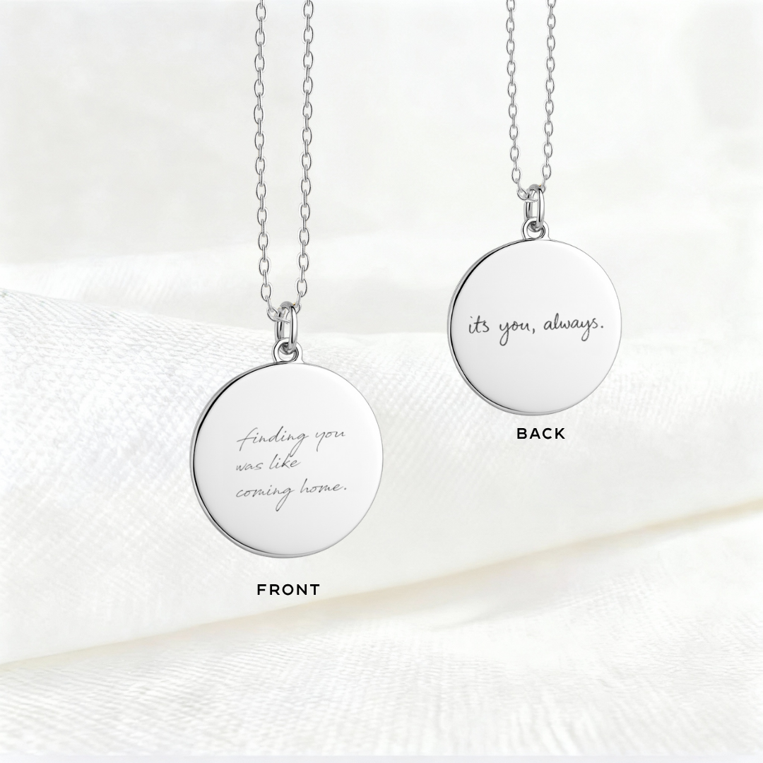 Double sided custom script engraved coin necklace in 925 sterling silver -personalised message front and back, unique couples, anniversary or sympathy gift