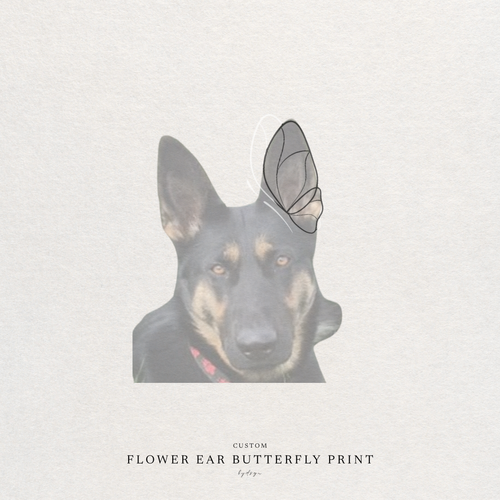 A custom pet ear butterfly print shown on a German Shepherd dog illustration, with the text 'CUSTOM FLOWER EAR BUTTERFLY PRINT' at the bottom on a textured off-white background.