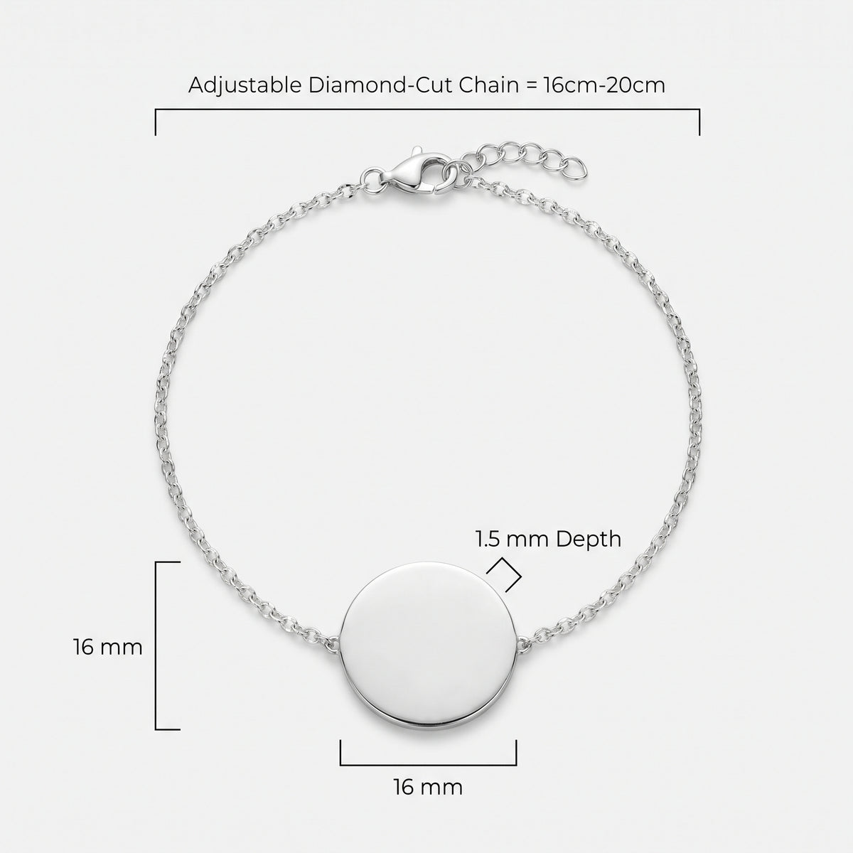 Custom Atelier By DSGN 925 sterling silver bracelet with a round disc pendant, shown with dimension labels indicating 1.5 mm depth, 16mm x 16mm coin and adjustable diamond cut 16cm-20cm chain length.