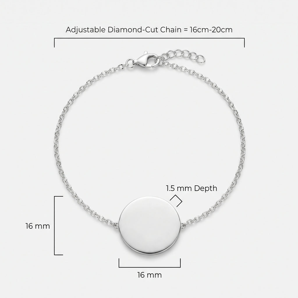 Custom Atelier By DSGN 925 sterling silver bracelet with a round disc pendant, shown with dimension labels indicating 1.5 mm depth, 16mm x 16mm coin and adjustable diamond cut 16cm-20cm chain length.