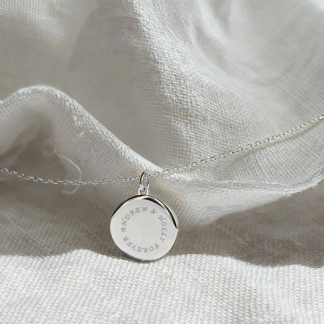 Custom engraved names and text coin necklace in 925 sterling silver personalised couples, wedding or anniversary pendant gift