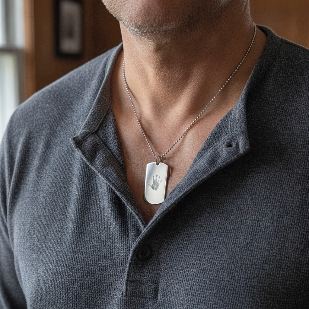 A close-up of a man wearing a silver bead chain dog tag necklace custom engraved with a handprint, paired with a dark gray henley shirt.  Meaningful handprint engraved jewelry from Atelier By DSGN