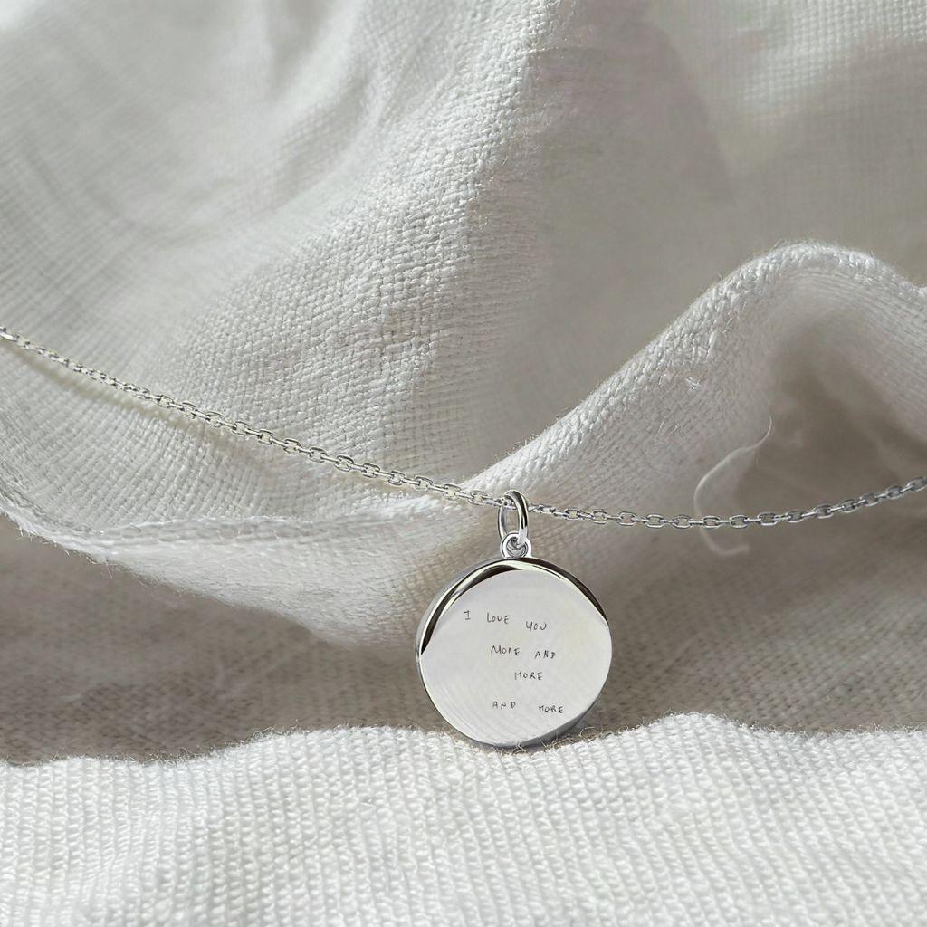 Custom handwriting engraved coin necklace in 925 sterling silver - personalised handwritten message pendant, unique anniversary, memorial or sympathy gift