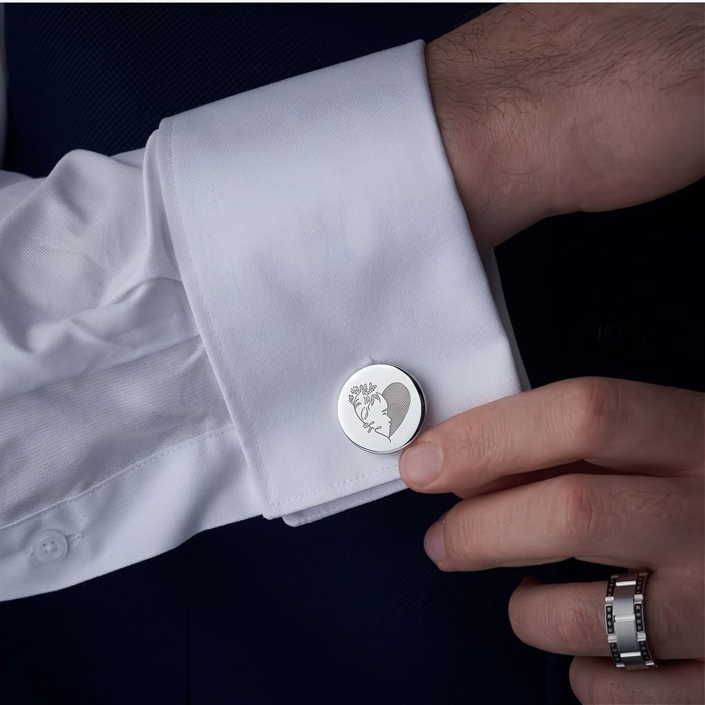 Atelier By DSGN custom engraved fingerprint line art and fingerprint cufflinks in 925 sterling silver.  Meaningful custom jewelry from Atelier By DSGN.
