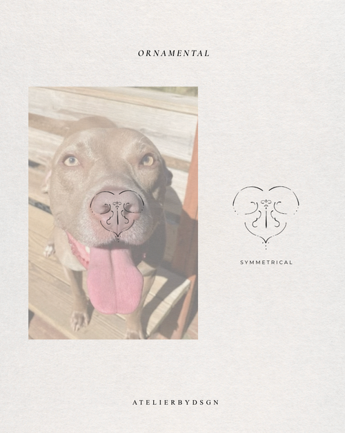 A square design preview on a light warm beige background of our custom pet ornamental design of your pet's loved feature. On the left is a square photo of a dog looking upward with its tongue out, overlaid with a symmetrical heart-shaped graphic of the nose.  Meaningful art from Atelier By DSGN.