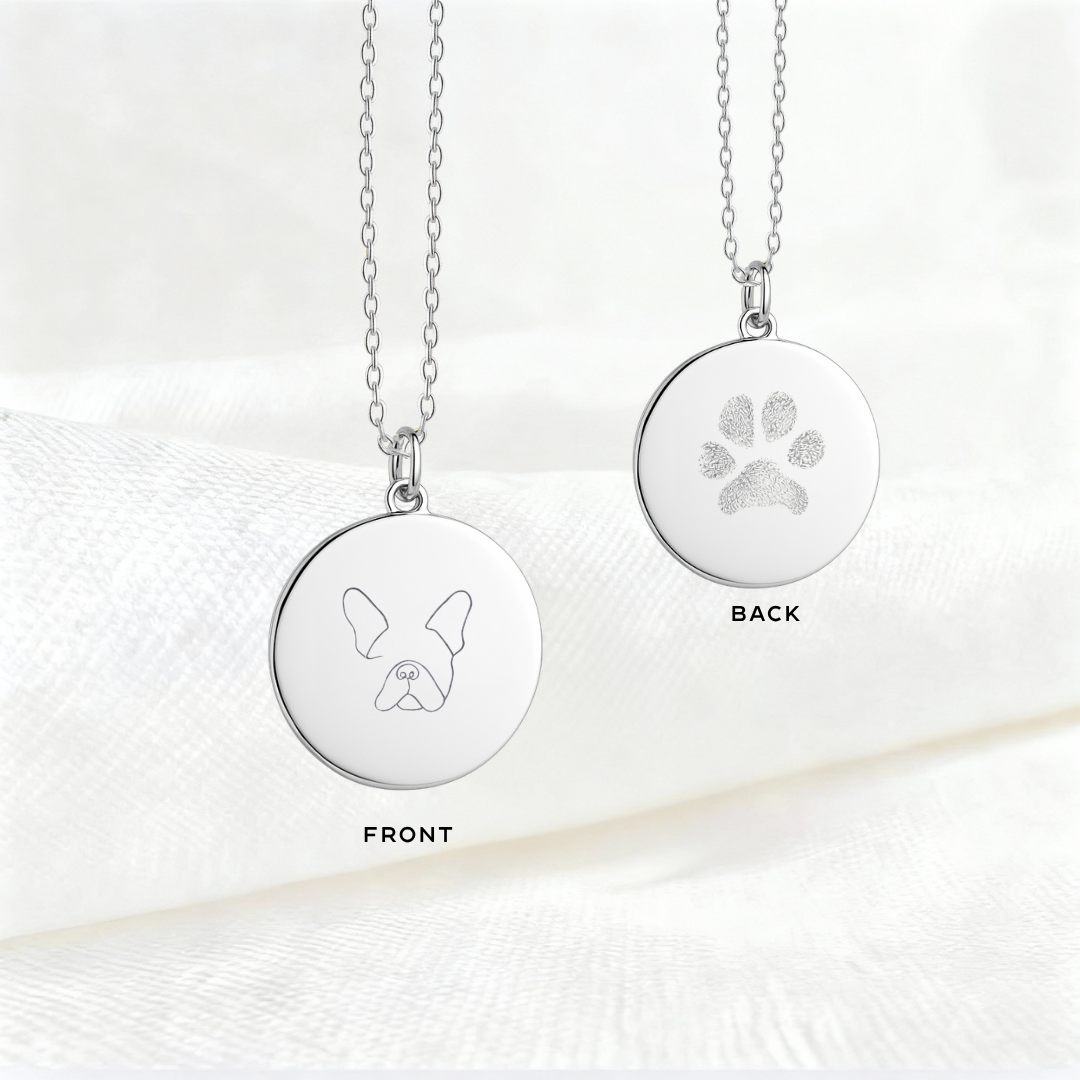 Double sided custom paw print and pet portrait engraved coin necklace in 925 sterling silver personalised pet memorial jewellery or dog lover gift