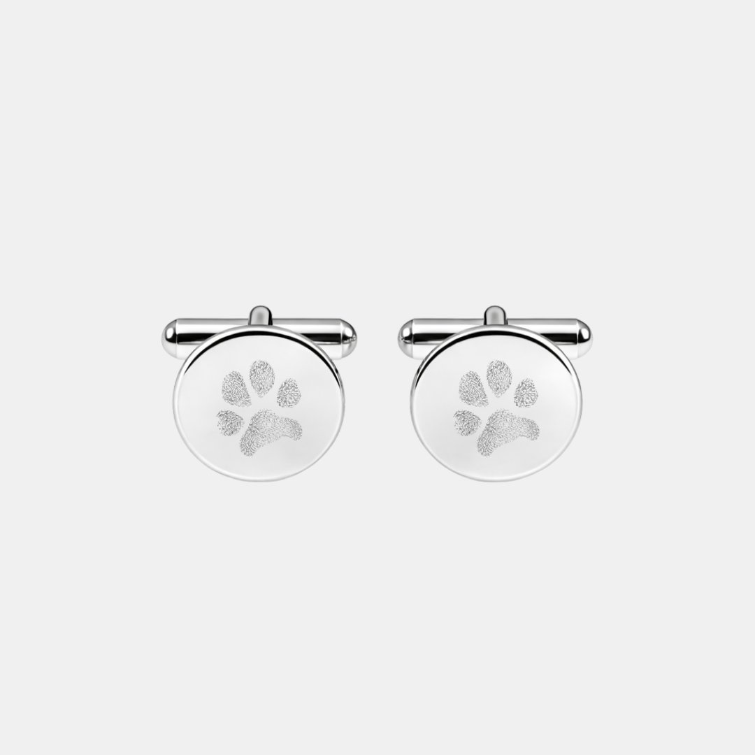 Custom paw print engraved cufflinks in 925 sterling silver -personalised pet lover or pet memorial gift for men, unique dog owner keepsake