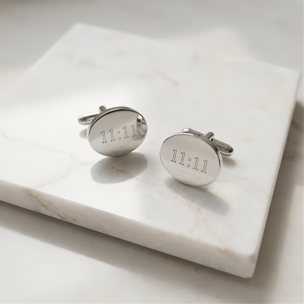 A pair of round coin silver cufflinks engraved with a custom text '11:11', resting on a white marble display table against a light gray background.  Custom jewelry from Atelier By DSGN.

