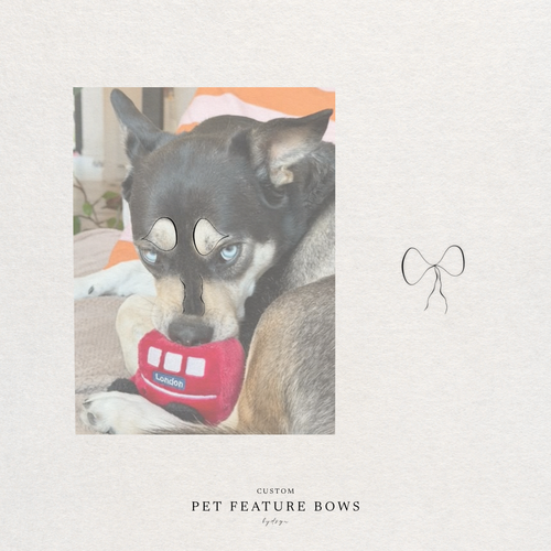 A dog portrait with custom pet feature bows, showing a black and tan dog wearing white bow shapes on its eyes for our custom pet features bow artwork. The photo is presented on a textured off-white background with the text 'CUSTOM PET FEATURE BOWS' and a small bow design artwork.  Meaningful art from Atelier By DSGN.