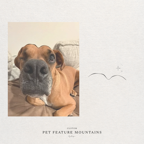 Custom Pet Feature Mountain Line Art display showing a dog photo alongside its corresponding minimalist mountain and star line illustration.  Meaningful tiny line art from Atelier By DSGN.